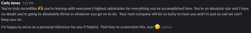 Slack testimonial from colleague regarding successful project delivery