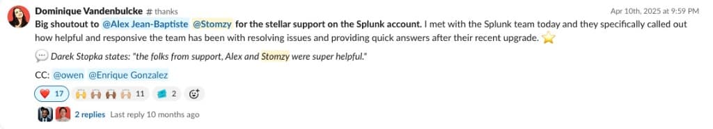 Slack testimonial highlighting mentorship and team support